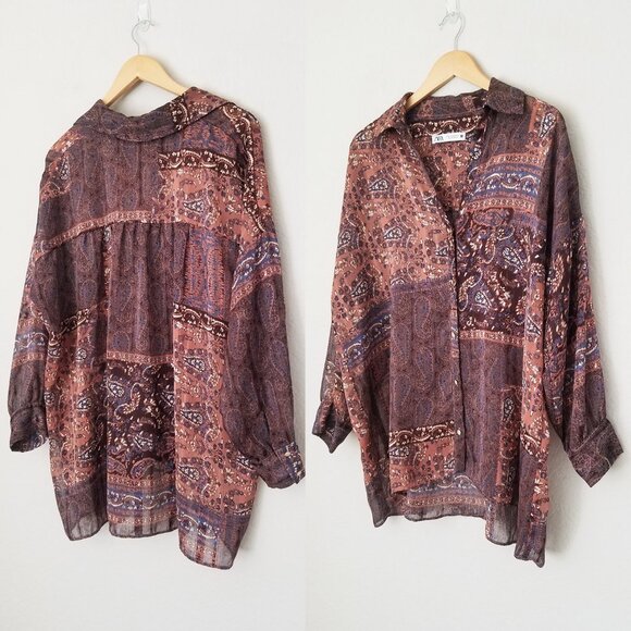 Zara Patchwork Shirt Blouse Top M Oversized Paisley Boho Brown Semi Sheer Collar - Picture 10 of 16